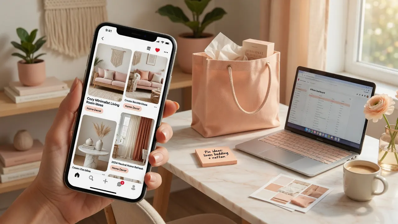 Phone showing product pins next to a laptop — Pinterest affiliate marketing workspace