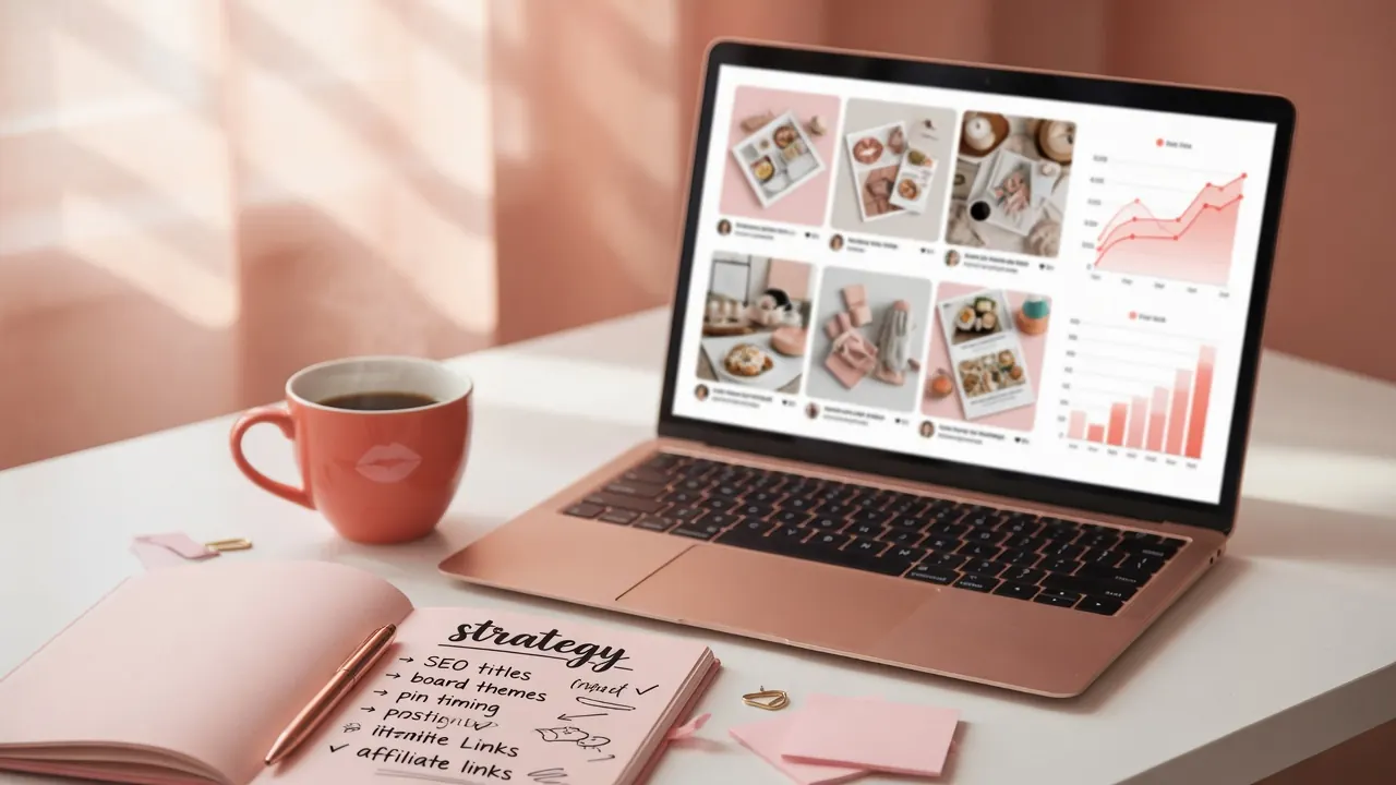 Laptop on a desk showing pin grids and growth charts — making money with Pinterest strategy