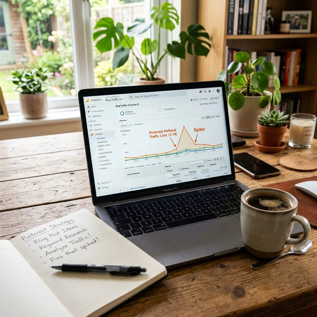 Blogger workspace showing laptop displaying Google Analytics chart with massive Pinterest referral traffic spike