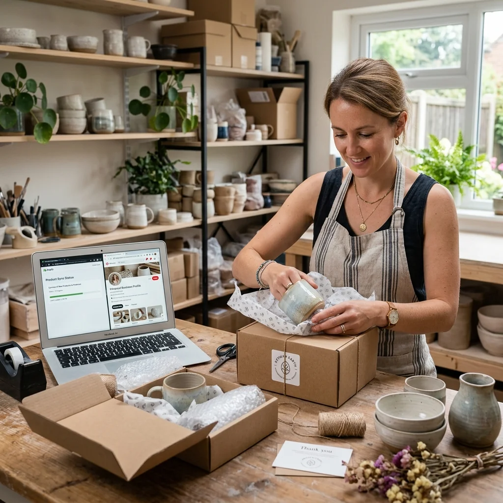 Small business owner packing handmade ceramic mugs into boxes next to laptop displaying Pinterest product sync