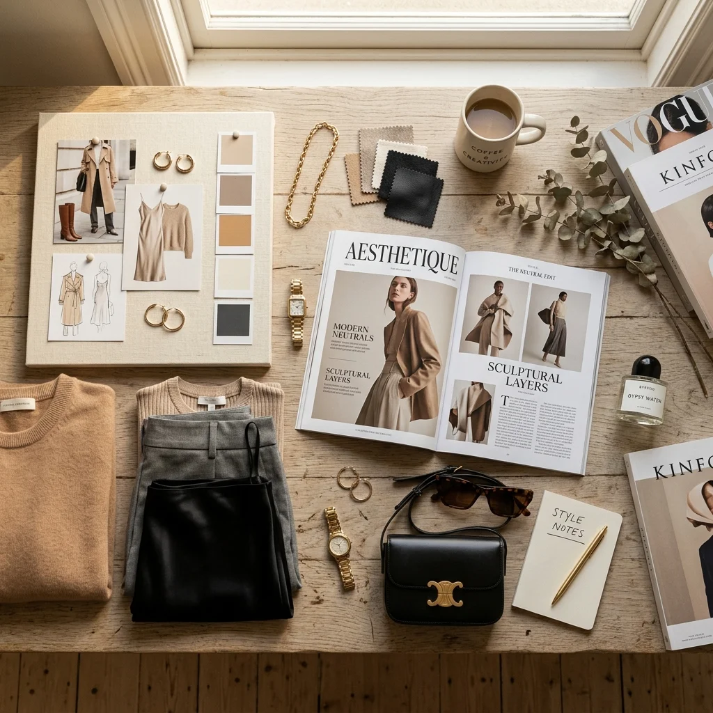 Chic fashion flat lay moodboard with magazine layouts, fabric swatches, and aesthetic accessories