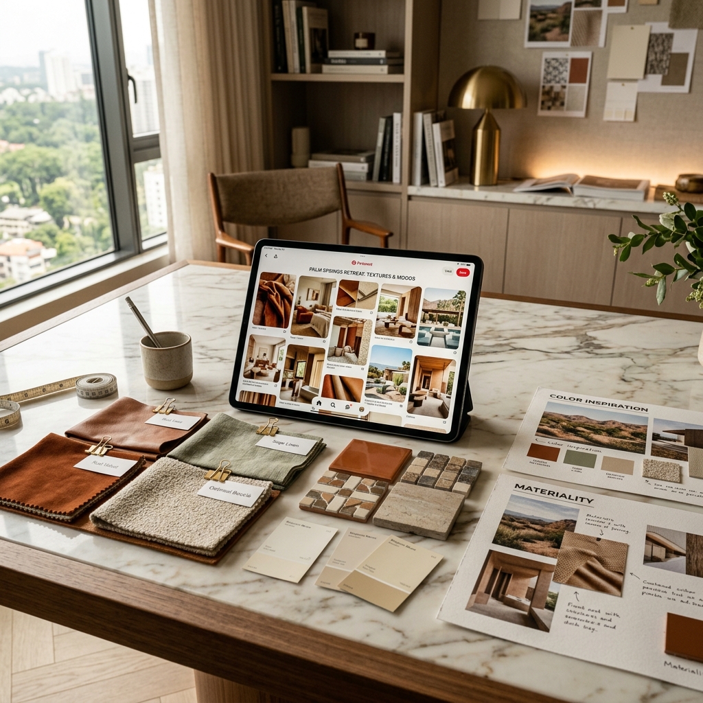 Luxury interior architecture studio table with iPad displaying Pinterest mood boards and material swatches