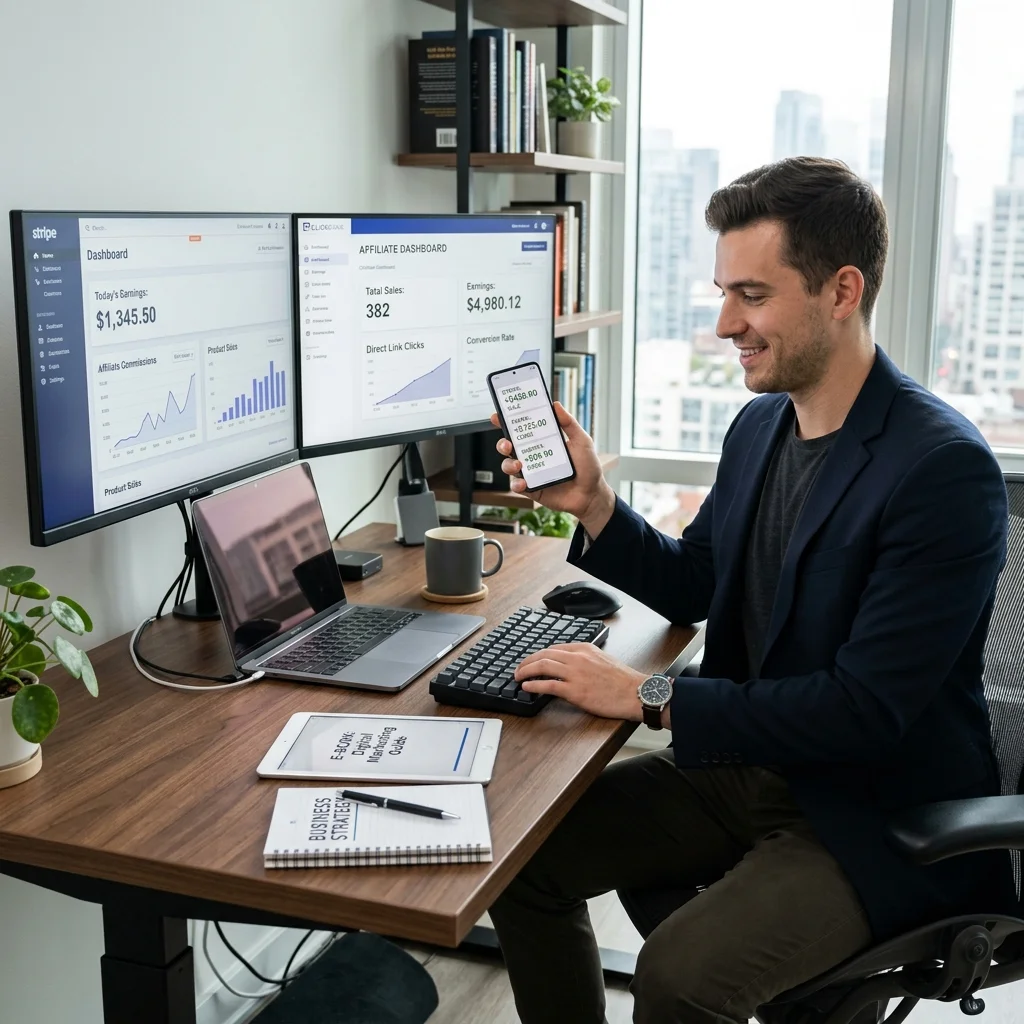 Digital creator at dual-monitor desk with smartphone showing earnings and affiliate conversion analytics