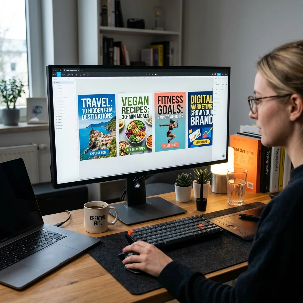 Graphic designer at workstation editing 2:3 vertical pin layouts with bold headlines