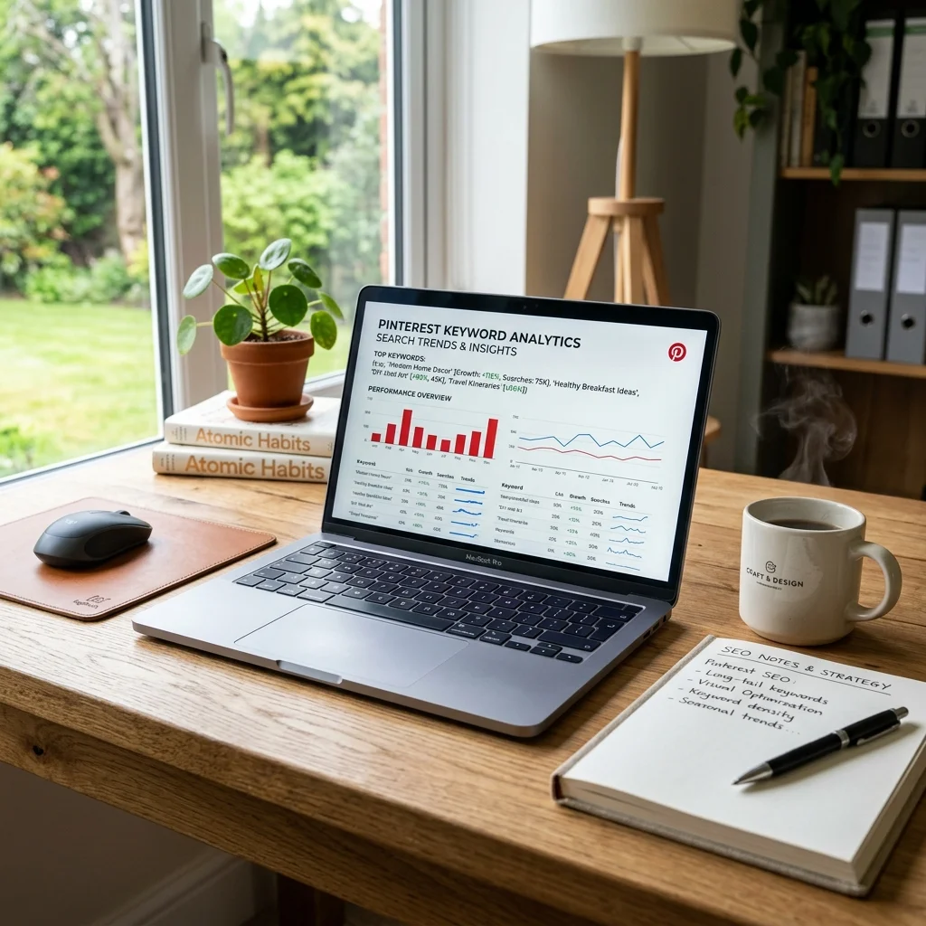 Modern workspace with laptop displaying Pinterest SEO search trends and analytics dashboard