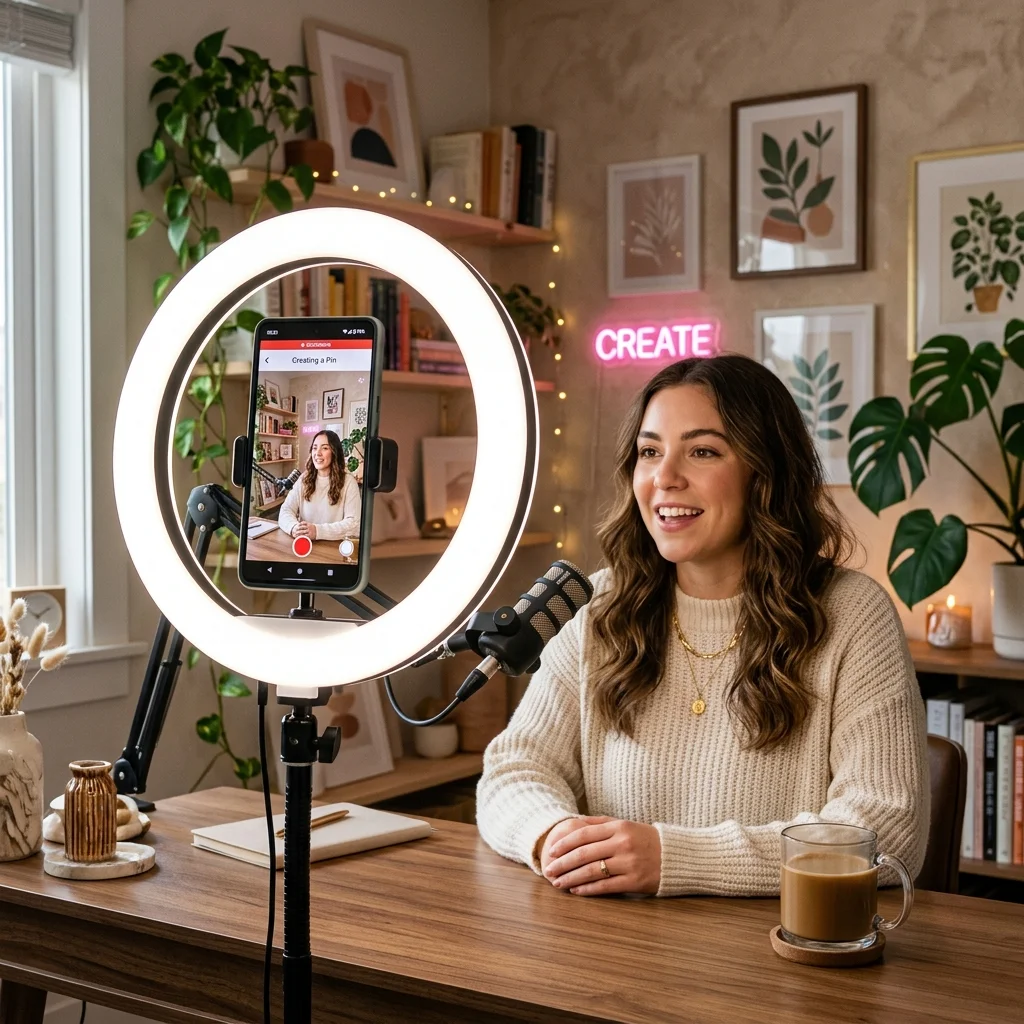 Content creator studio setup with smartphone mounted on ring light recording 9:16 vertical video