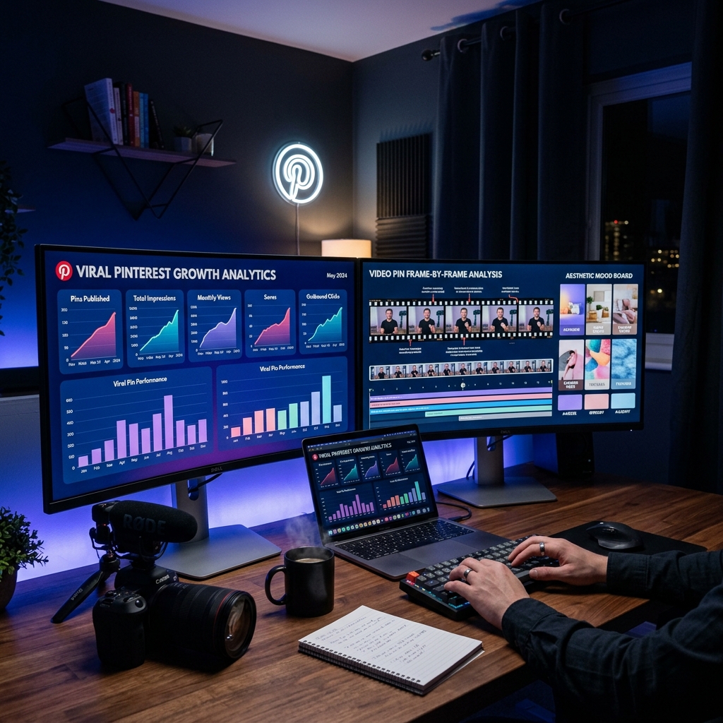 Modern creator workstation with dual screens displaying viral pin analytics and video frame analysis