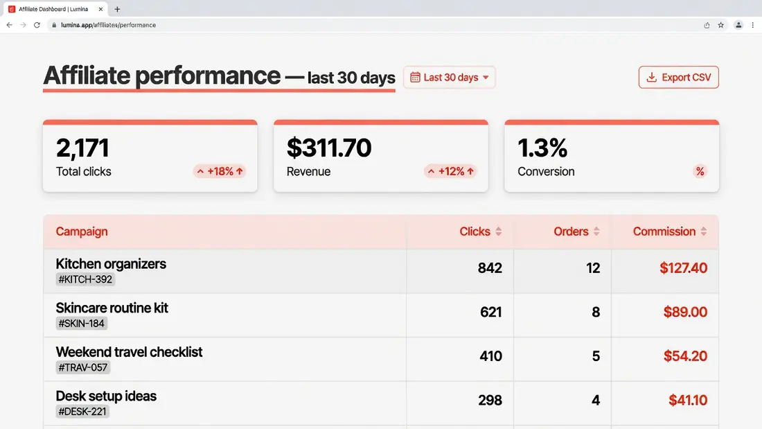 Example affiliate performance table with clicks, orders, and commission columns