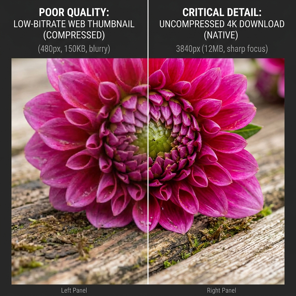 Side-by-side macro visual image quality test chart comparing low-bitrate web thumbnail vs uncompressed 4K download detail