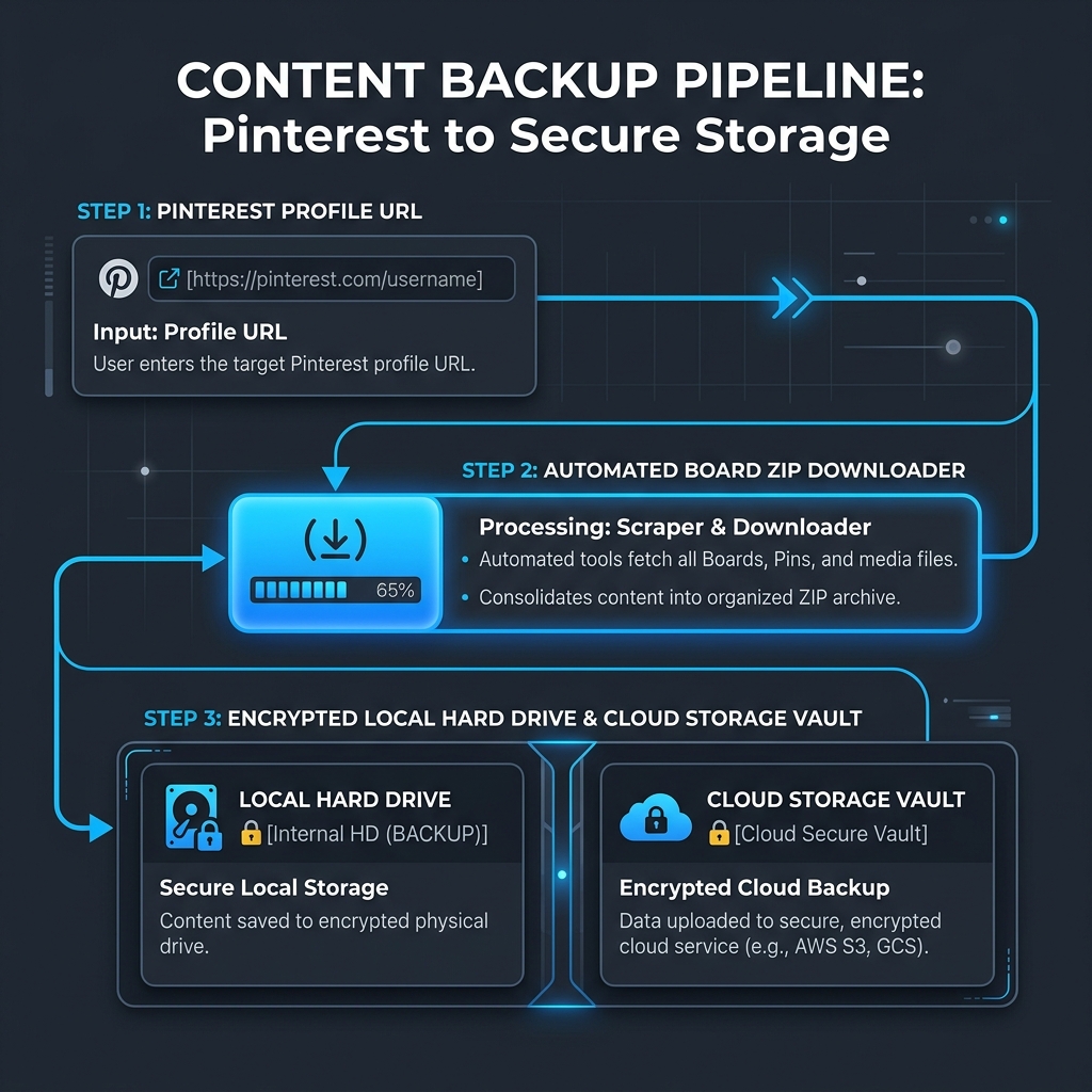High-tech digital workflow diagram showing local profile archive and board ZIP backup pipeline
