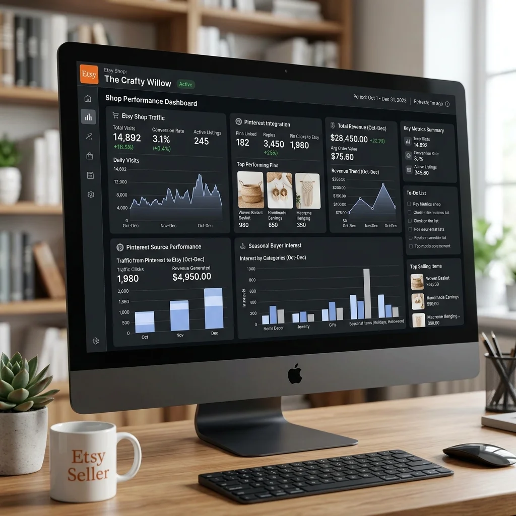 E-commerce shop performance dashboard showing Pinterest traffic metrics and product revenue growth