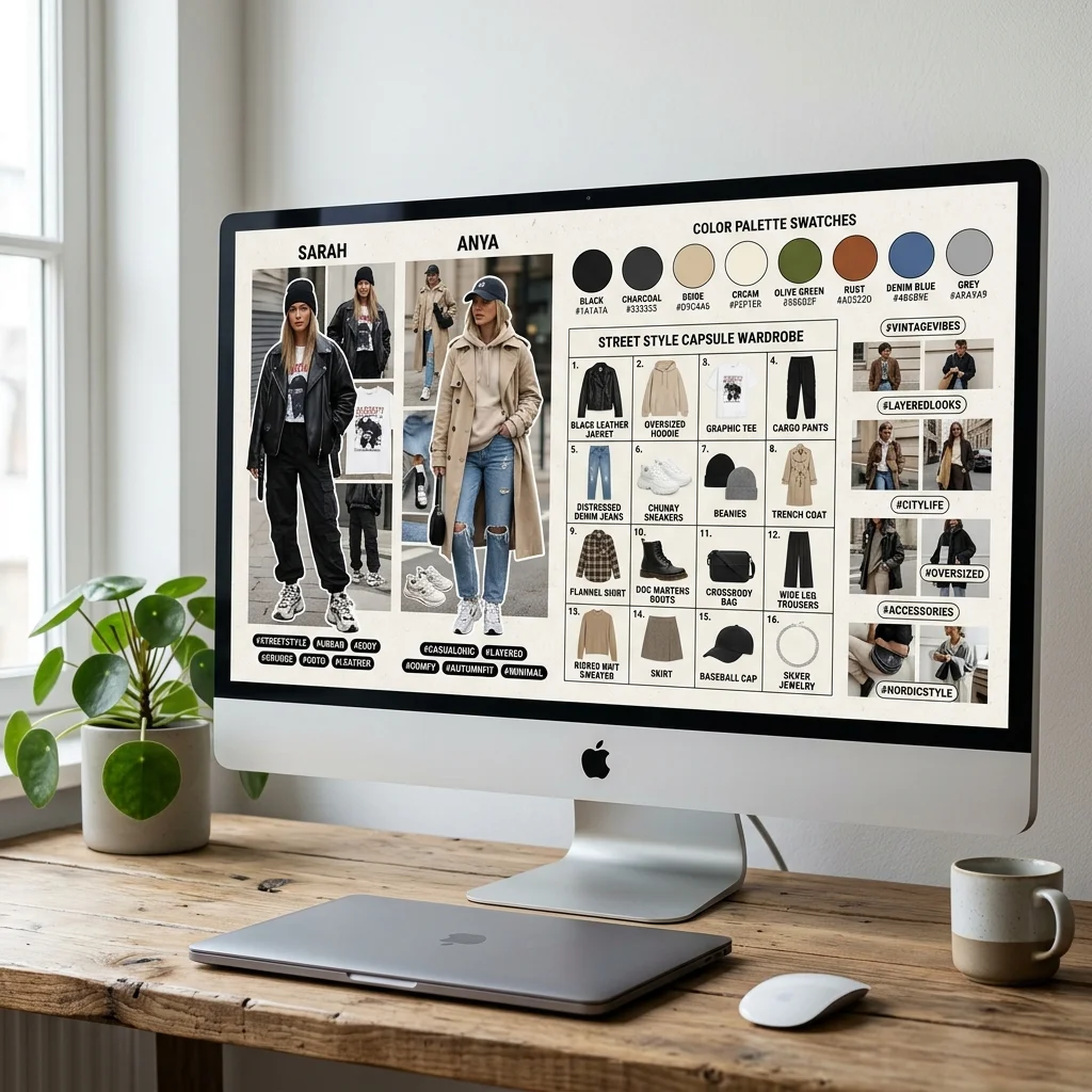 Digital monitor screen displaying organized street style fashion moodboard and color palette swatches