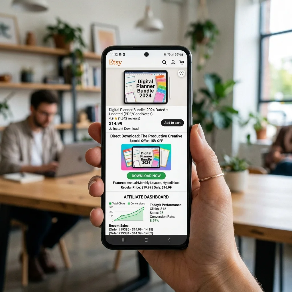 Smartphone displaying digital product store checkout and direct affiliate performance metrics