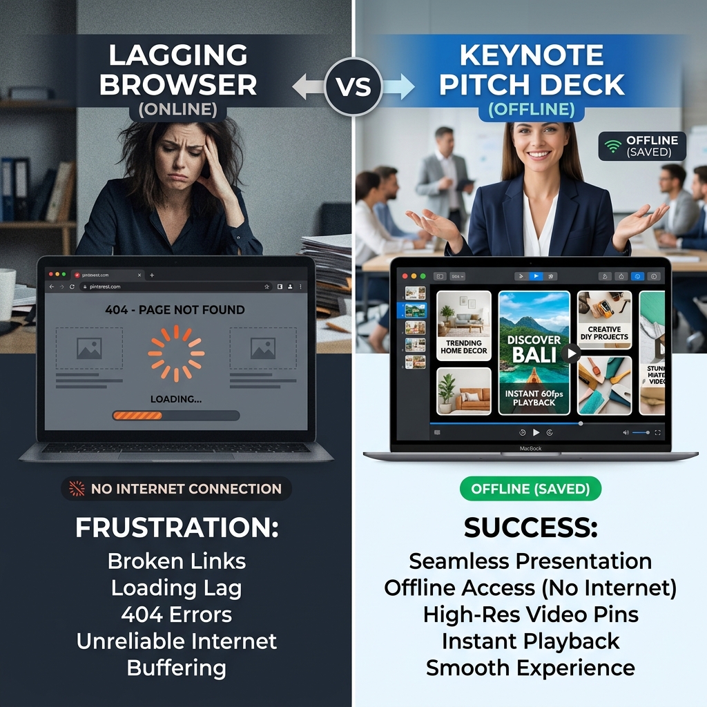 Split-screen comparison graphic showing browser loading lag vs smooth offline keynote pitch deck