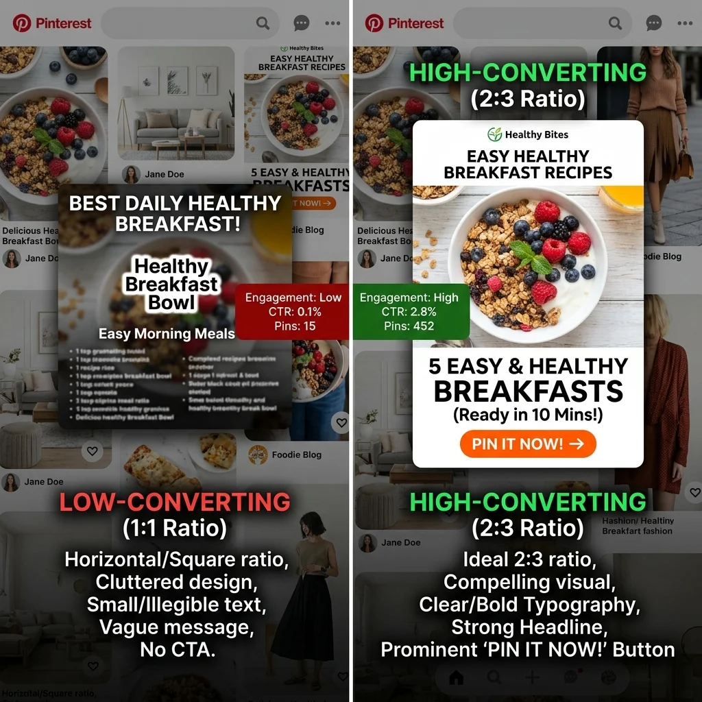 Side by side visual comparison of low-converting square pin vs high-converting 2:3 vertical graphic pin layout