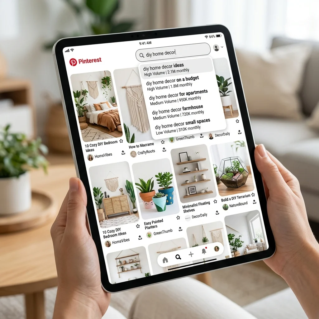Tablet screen showing Pinterest search bar suggestions and keyword analytics metrics