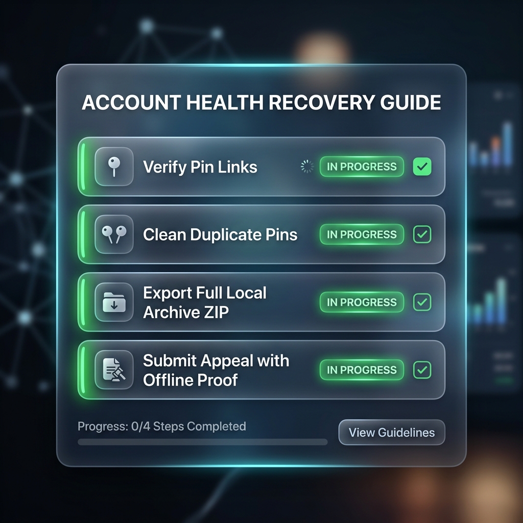 Sleek UI dashboard displaying account health recovery checklist and audit status