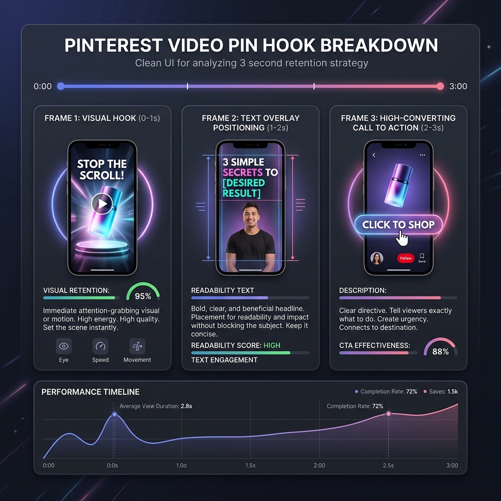 Detailed breakdown of a 3-second Pinterest video pin retention hook and overlay positioning