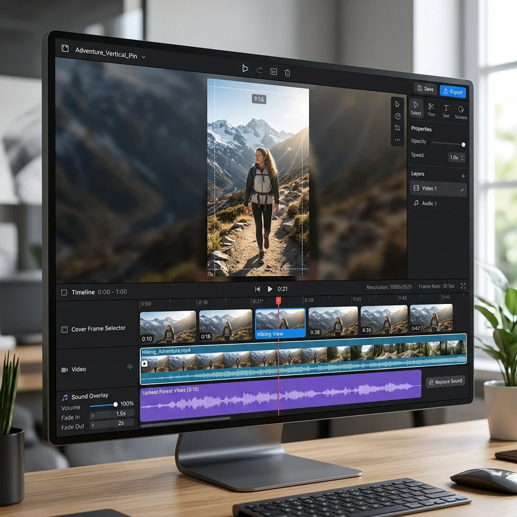 Video editing software interface showing 9:16 vertical video timeline and cover frame selection tool